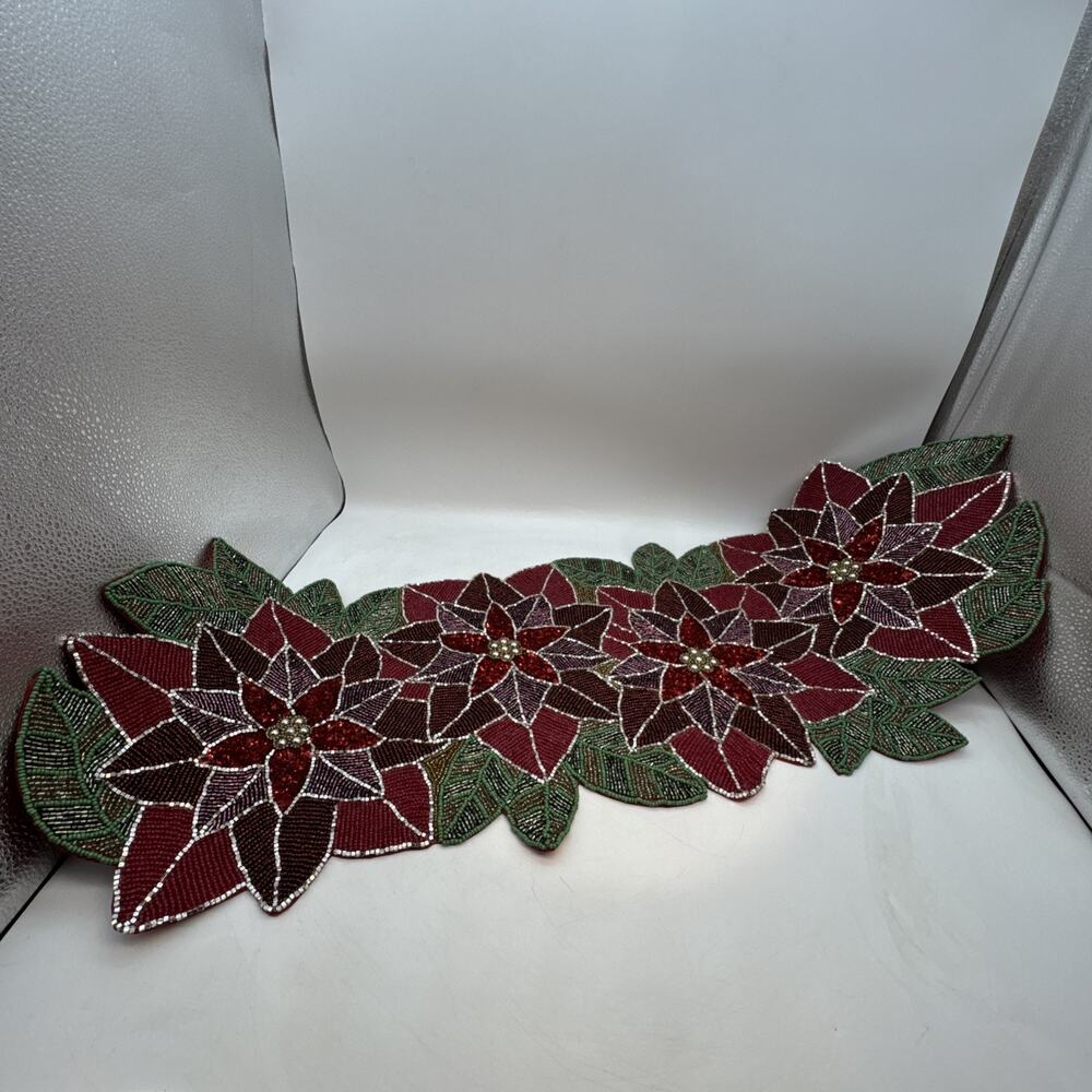 Holiday Theme Beaded Multicolor Table Runner Polyester Back 13"X36"Made In India